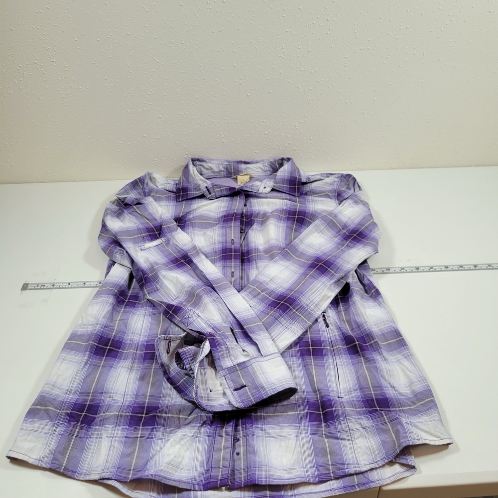 Duluth Womens Tunic Shacket Button Front With Zipper Pocket Size L Purple Plaid